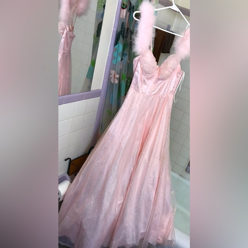 Windsor Pink Prom dress; Sleeveless; With fur straps - Picture 1 of 7